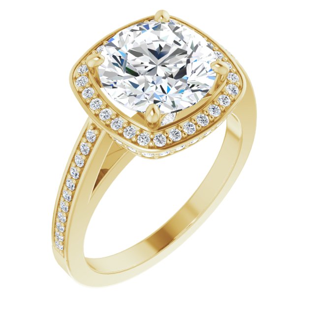 10K Yellow Gold Customizable Cathedral-set Round Cut Design with Halo, Thin Pavé Band & Round-Bezel Peekaboos