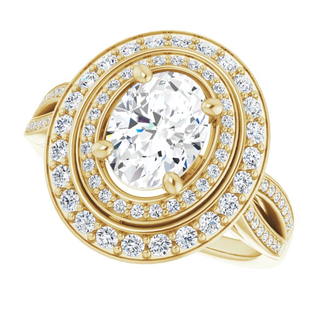 Cubic Zirconia Engagement Ring- The Henrika (Customizable Cathedral-style Oval Cut Design with Double Halo & Split-Pavé Band)