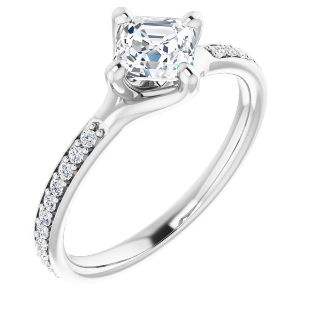 10K White Gold Customizable Asscher Cut Design featuring Thin Band and Shared-Prong Round Accents