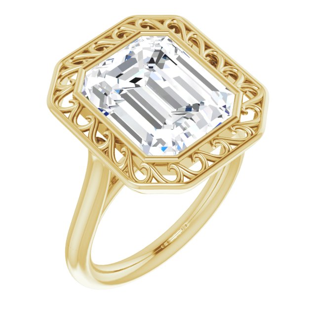 10K Yellow Gold Customizable Cathedral-Bezel Style Emerald/Radiant Cut Solitaire with Flowery Filigree