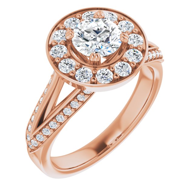 10K Rose Gold Customizable Round Cut Center with Large-Accented Halo and Split Shared Prong Band