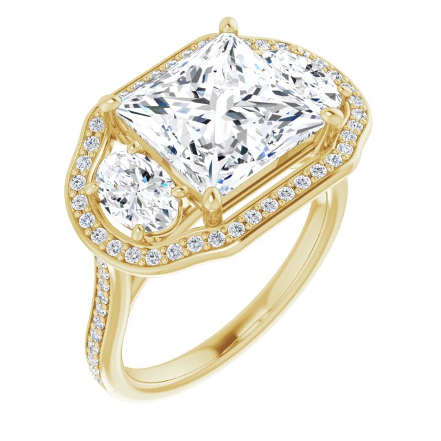 10K Yellow Gold Customizable Princess/Square Cut Style with Oval Cut Accents, 3-stone Halo & Thin Shared Prong Band