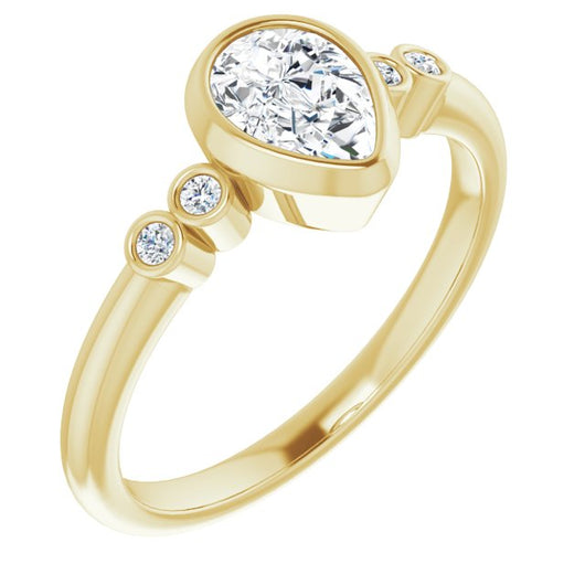10K Yellow Gold Customizable 5-stone Bezel-set Pear Cut Design with Quad Round-Bezel Side Stones