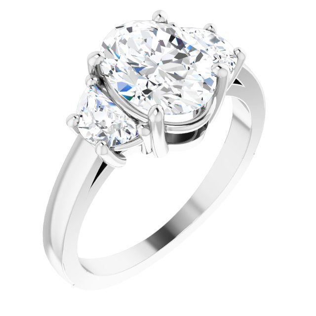 10K White Gold Customizable 3-stone Design with Oval Cut Center and Half-moon Side Stones