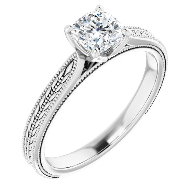 10K White Gold Customizable Cushion Cut Solitaire with Wheat-inspired Band 