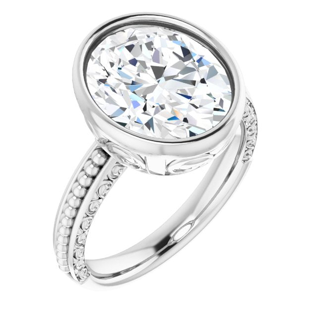 10K White Gold Customizable Bezel-set Oval Cut Solitaire with Beaded and Carved Three-sided Band