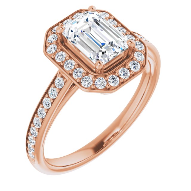 10K Rose Gold Customizable Cathedral-raised Emerald/Radiant Cut Halo-and-Accented Band Design