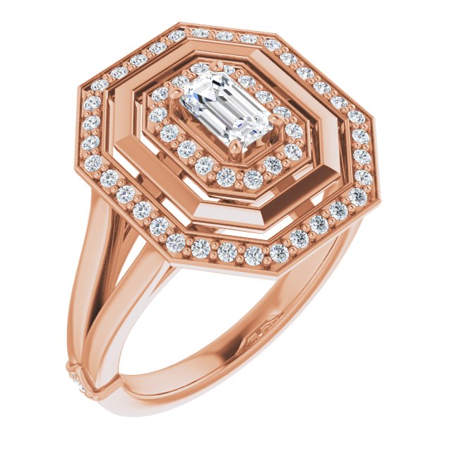10K Rose Gold Customizable Emerald/Radiant Cut Oversized 2x Halo Style with Knuckle Accented Split Band