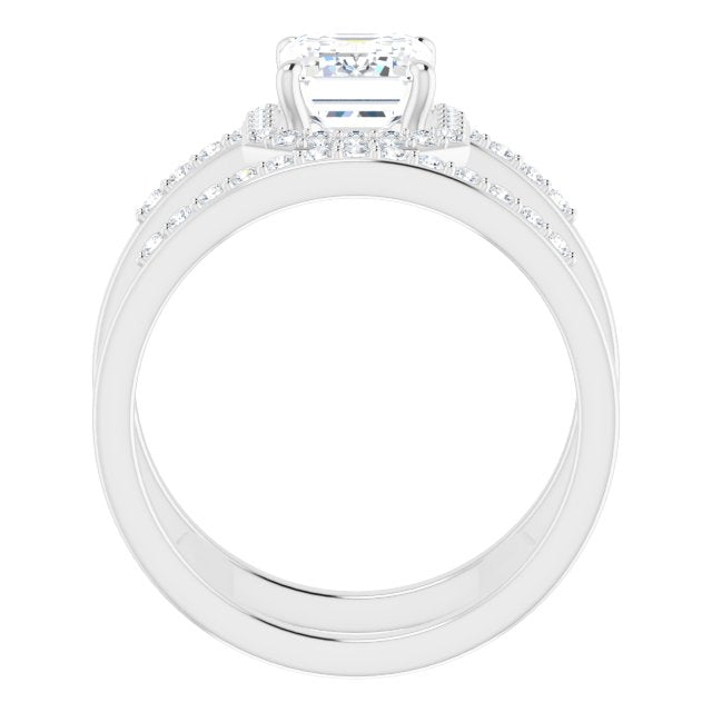 Cubic Zirconia Engagement Ring- The Jersey (Customizable Emerald Cut Halo Design with Open, Ultrawide Harness Double Pavé Band)