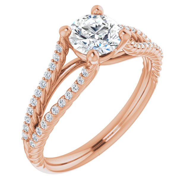 14K Rose Gold Customizable Round Cut Style with Split Band and Rope-Pavé