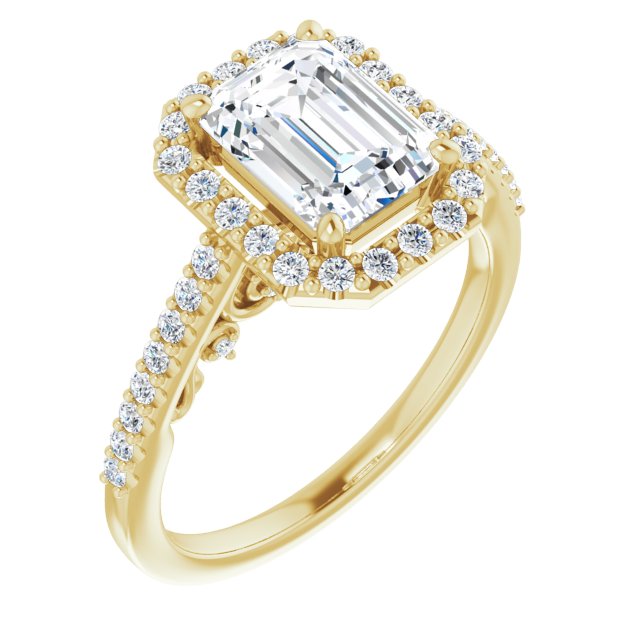 Cubic Zirconia Engagement Ring- The Aiko (Customizable Cathedral-Halo Emerald Cut Design with Carved Metal Accent plus Pavé Band)