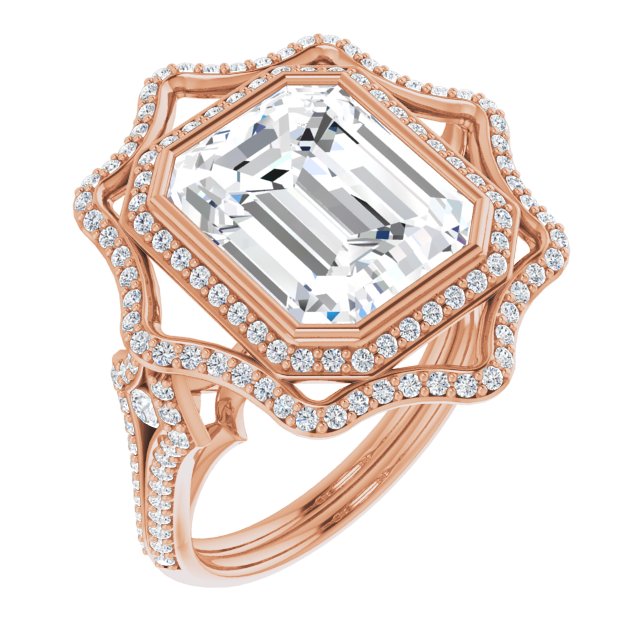 10K Rose Gold Customizable Emerald/Radiant Cut Style with Ultra-wide Pavé Split-Band and Nature-Inspired Double Halo