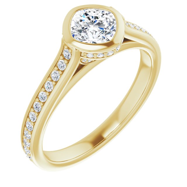 10K Yellow Gold Customizable Cathedral-Bezel Cushion Cut Design with Under Halo and Shared Prong Band