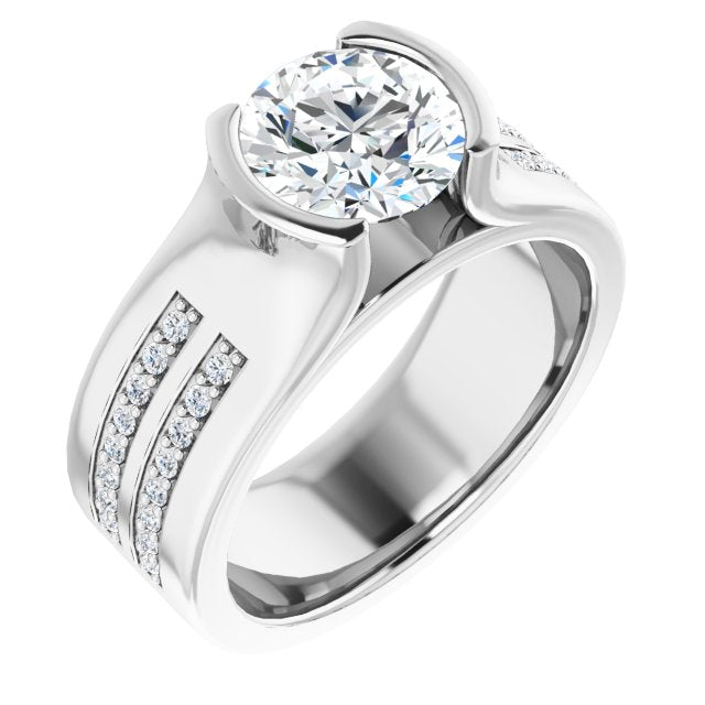 10K White Gold Customizable Bezel-set Round Cut Design with Thick Band featuring Double-Row Shared Prong Accents