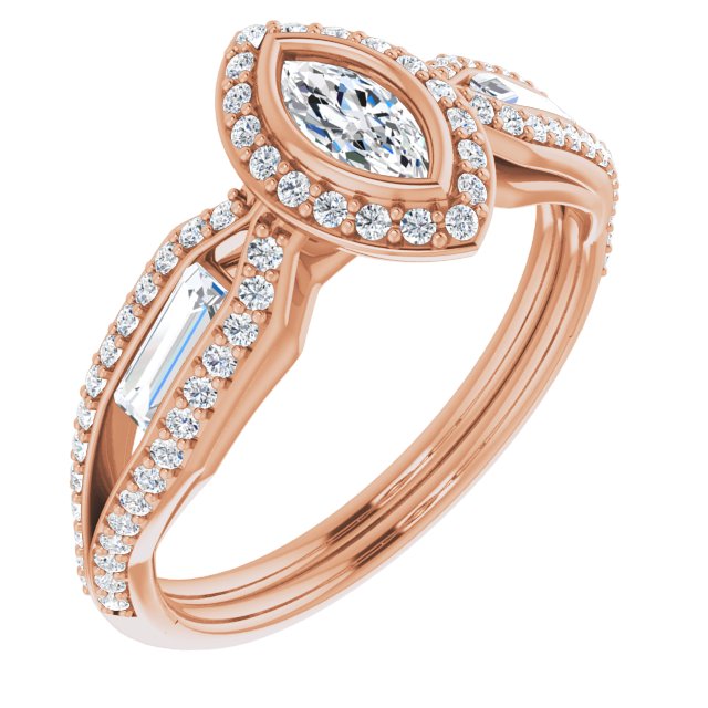 10K Rose Gold Customizable Cathedral-Bezel Marquise Cut Design with Halo, Split-Pavé Band & Channel Baguettes