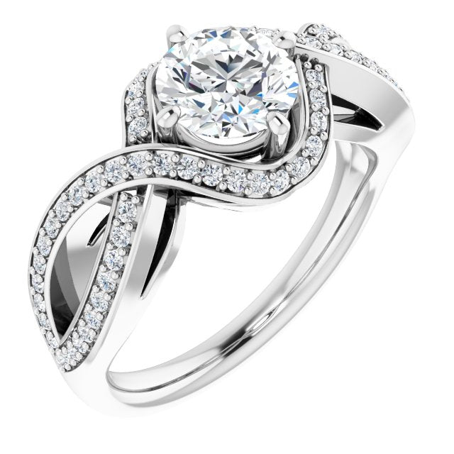 10K White Gold Customizable Round Cut Design with Twisting, Infinity-Shared Prong Split Band and Bypass Semi-Halo
