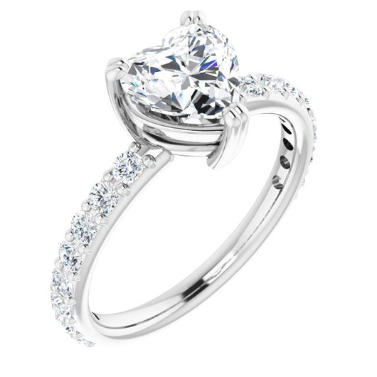 10K White Gold Customizable Heart Cut Design with Large Round Cut 3/4 Band Accents