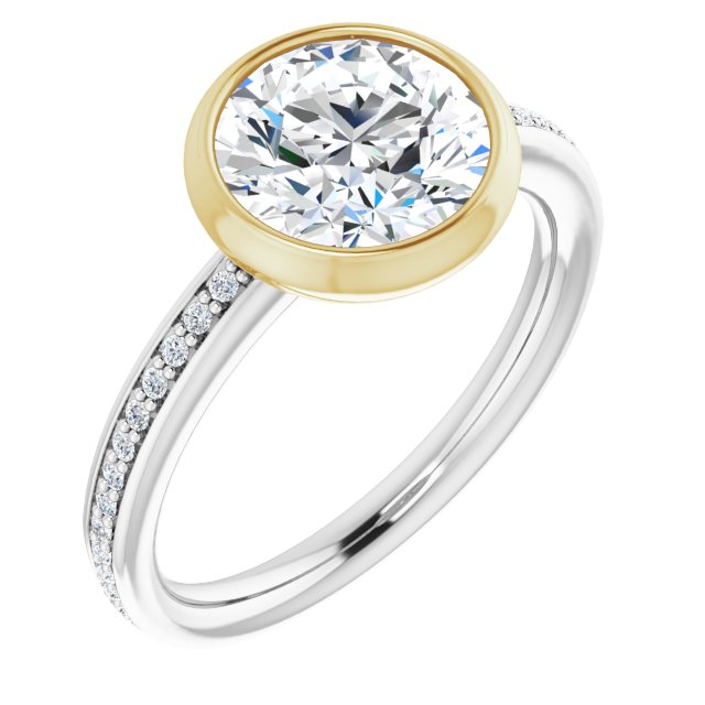 14K White & Yellow Gold Customizable Bezel-Set Round Cut Center with Thin Shared Prong Band