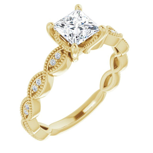 10K Yellow Gold Customizable Princess/Square Cut Artisan Design with Scalloped, Round-Accented Band and Milgrain Detail