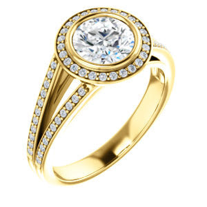 Cubic Zirconia Engagement Ring- The Kay Adaira (Customizable Bezel-set Round Cut with Halo and Split-Pavé Band)