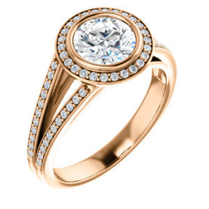 Cubic Zirconia Engagement Ring- The Kay Adaira (Customizable Bezel-set Round Cut with Halo and Split-Pavé Band)