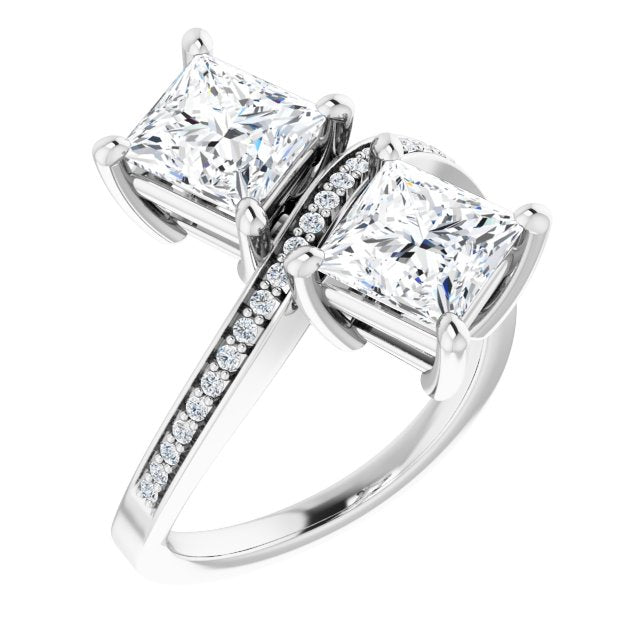 10K White Gold Customizable 2-stone Princess/Square Cut Bypass Design with Thin Twisting Shared Prong Band