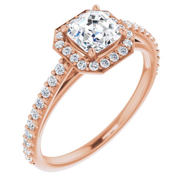 10K Rose Gold Customizable Asscher Cut Design with Halo and Thin Pavé Band
