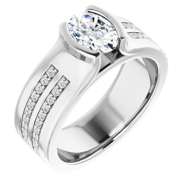 10K White Gold Customizable Bezel-set Oval Cut Design with Thick Band featuring Double-Row Shared Prong Accents