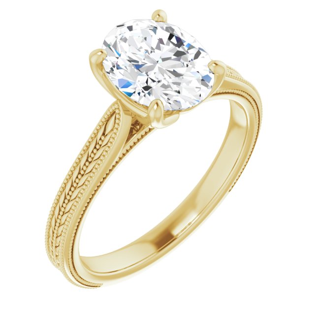 10K Yellow Gold Customizable Oval Cut Solitaire with Wheat-inspired Band 