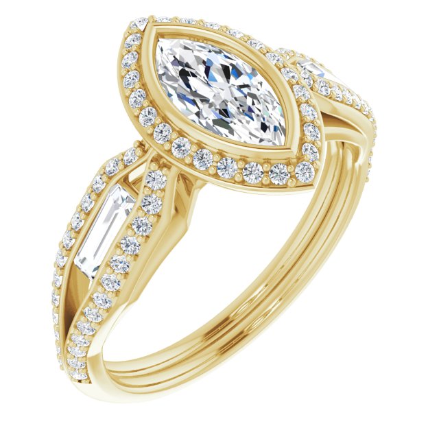 10K Yellow Gold Customizable Cathedral-Bezel Marquise Cut Design with Halo, Split-Pavé Band & Channel Baguettes