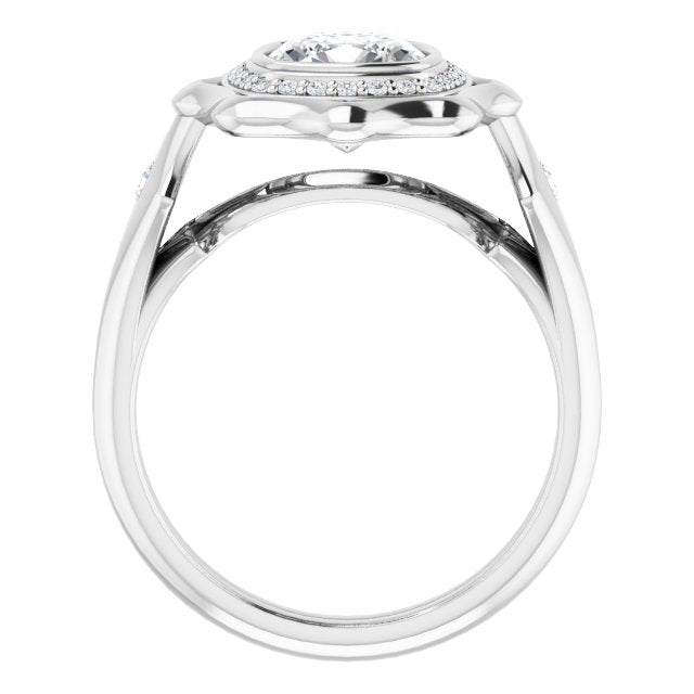 Cubic Zirconia Engagement Ring- The Jeanne (Customizable Bezel-set Cushion Cut with Halo & Oversized Floral Design)