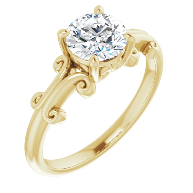 10K Yellow Gold Customizable Round Cut Solitaire with Band Flourish and Decorative Trellis
