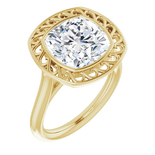 10K Yellow Gold Customizable Cathedral-Bezel Style Cushion Cut Solitaire with Flowery Filigree
