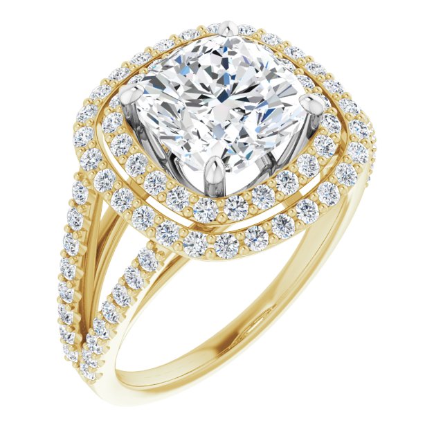 14K Yellow & White Gold Customizable Cushion Cut Design with Double Halo and Wide Split-Pavé Band