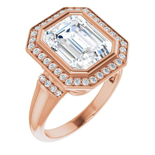 10K Rose Gold Customizable Bezel-set Emerald/Radiant Cut Design with Halo and Vertical Round Channel Accents