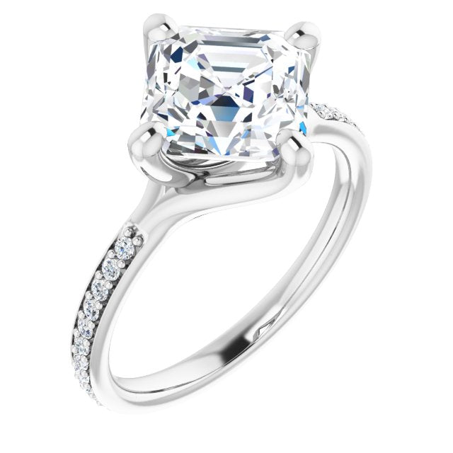 10K White Gold Customizable Asscher Cut Design featuring Thin Band and Shared-Prong Round Accents
