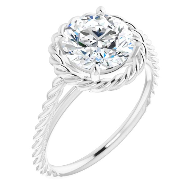 14K White Gold Customizable Cathedral-set Round Cut Solitaire with Thin Rope-Twist Band