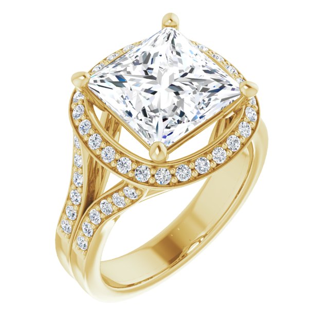 10K Yellow Gold Customizable Princess/Square Cut Halo Style with Accented Split-Band
