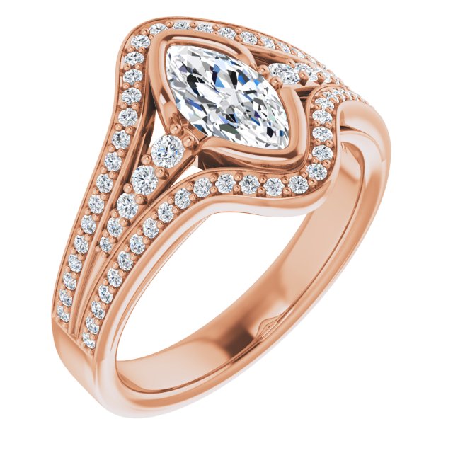10K Rose Gold Customizable Cathedral-Bezel Marquise Cut Design with Wide Triple-Split-Pavé Band