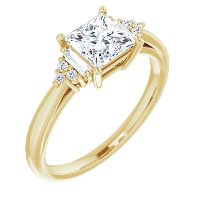 10K Yellow Gold Customizable 9-stone Design with Princess/Square Cut Center, Side Baguettes and Tri-Cluster Round Accents