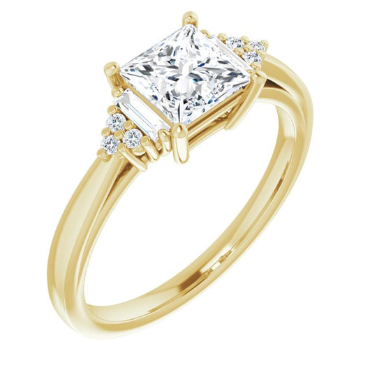 10K Yellow Gold Customizable 9-stone Design with Princess/Square Cut Center, Side Baguettes and Tri-Cluster Round Accents