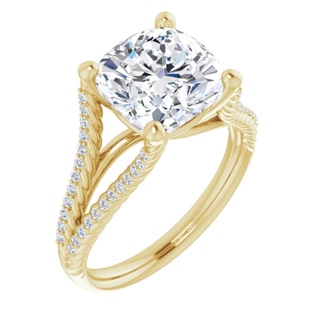 10K Yellow Gold Customizable Cushion Cut Style with Split Band and Rope-Pavé