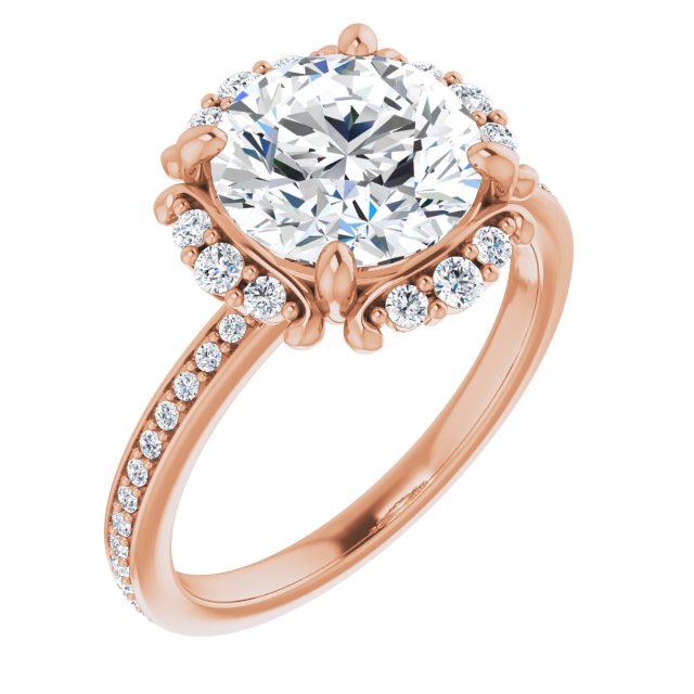 18K Rose Gold Customizable Round Cut Style with Halo and Thin Shared Prong Band