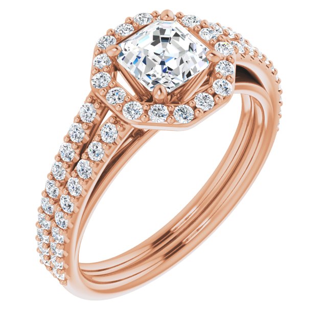 10K Rose Gold Customizable Cathedral Asscher Cut Design with Geometric Halo & Split Pavé Band