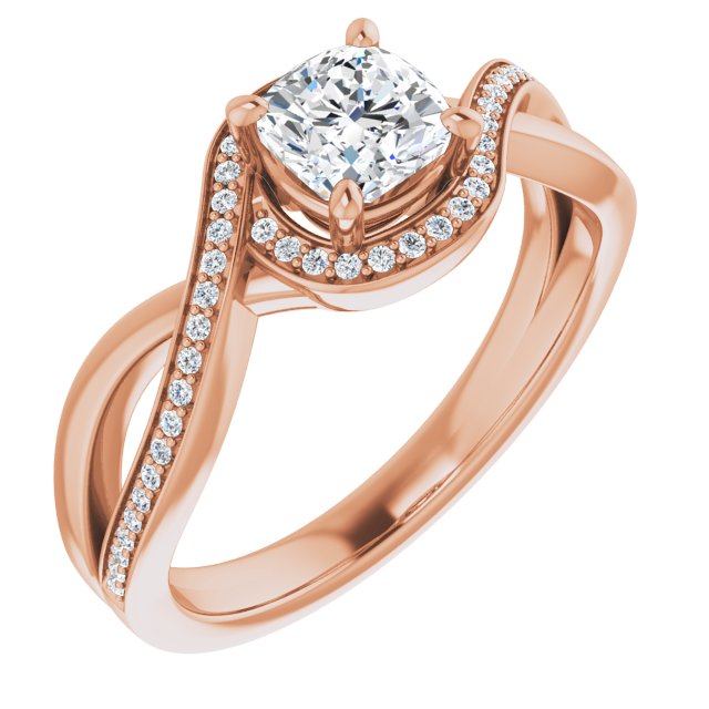 10K Rose Gold Customizable Bypass-Halo-Accented Cushion Cut Center with Twisting Split Shared Prong Band
