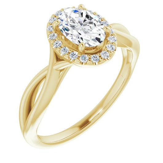 10K Yellow Gold Customizable Cathedral-Halo Oval Cut Design with Twisting Split Band