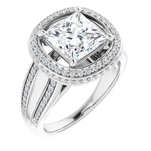 Cubic Zirconia Engagement Ring- The Deena (Customizable Halo-style Princess/Square Cut with Under-halo & Ultra-wide Band)