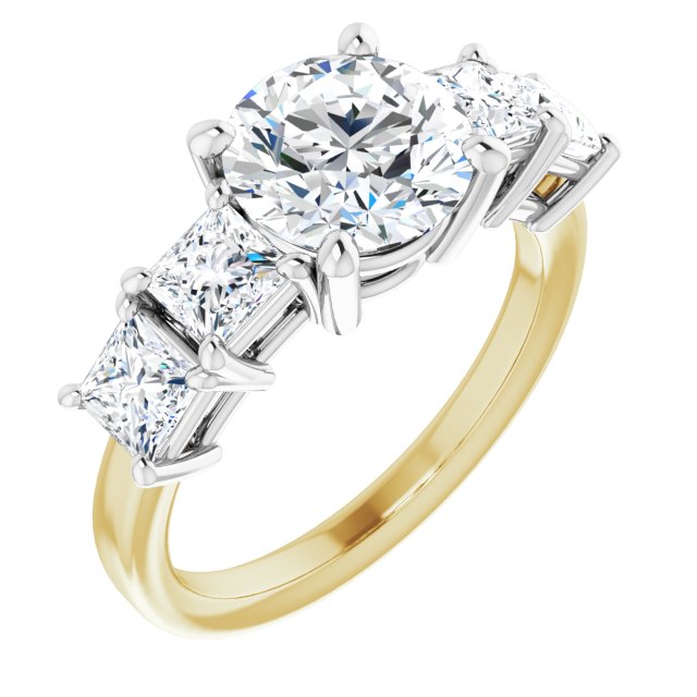 14K Yellow & White Gold Customizable 5-stone Round Cut Style with Quad Princess-Cut Accents