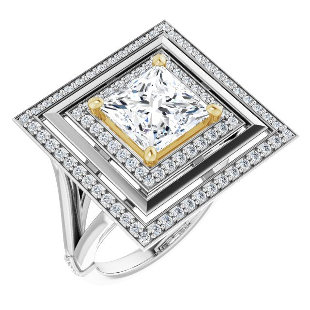 14K White & Yellow Gold Customizable Princess/Square Cut Oversized 2x Halo Style with Knuckle Accented Split Band