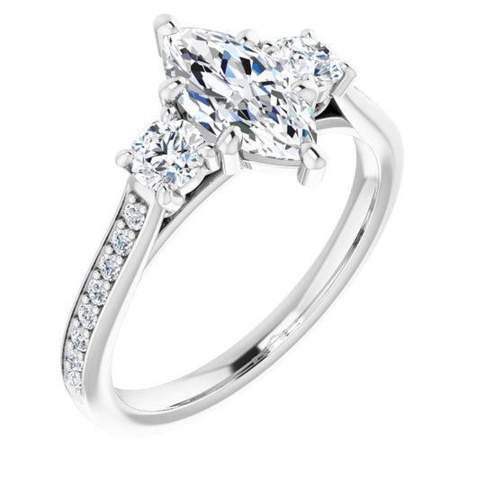 10K White Gold Customizable Marquise Cut Cathedral Setting with Filigree Design and Shared Prong Band